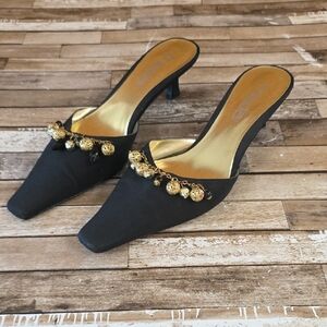 Elegant Black & Gold Heeled Mules By Moda